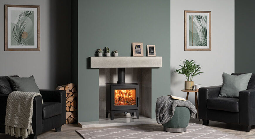 Stovax Futura 5 Wood burning stove, shown with ceramic wood effect beam