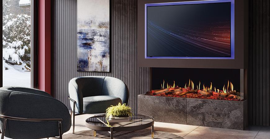 Onyx Fusion 150RW electric fire in a media wall.