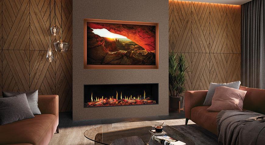 Onyx Fusion 150RW electric fire, within a media wall fireplace installation. Shown with optional Mood Lighting System installed.