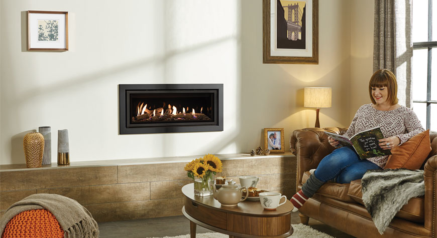 Gazco Studio 2 Profil gas fire in Anthracite, with Black Glass lining
