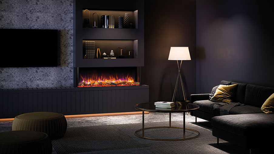 Gazco eReflex 150RW with Oak Log effect, shown as a three-sided installation. Shown with optional Mood Lighting System.