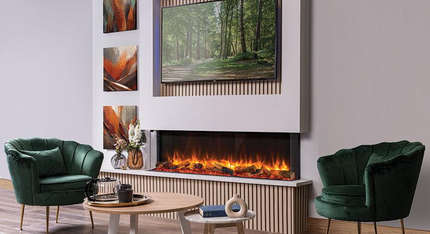 Gazco eReflex 150RW electric fire installed within a media wall